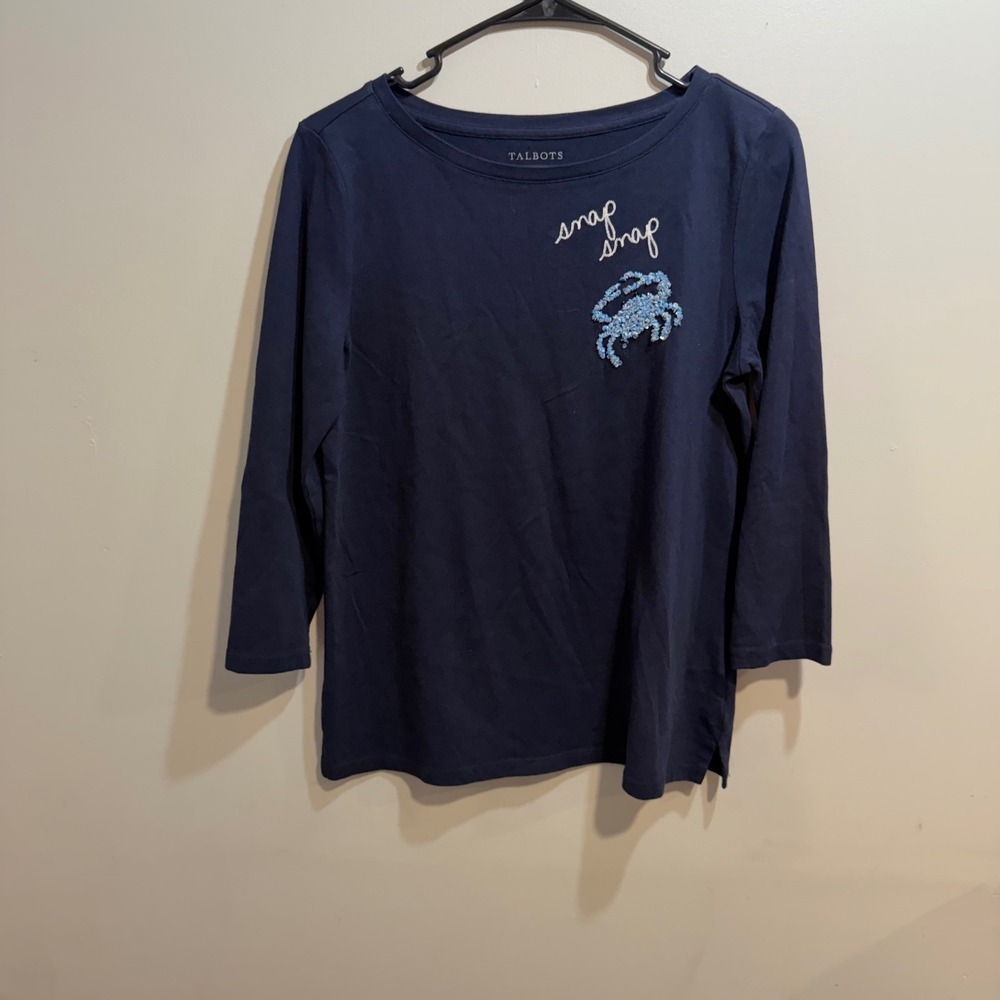 Talbots Womens Navy Blue Cotton Sequin Crab Snap Snap Graphic Tee Top Small